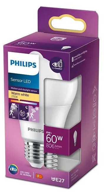 LED Крушка със сензор Philips A60 E27/8W/230V 2700K