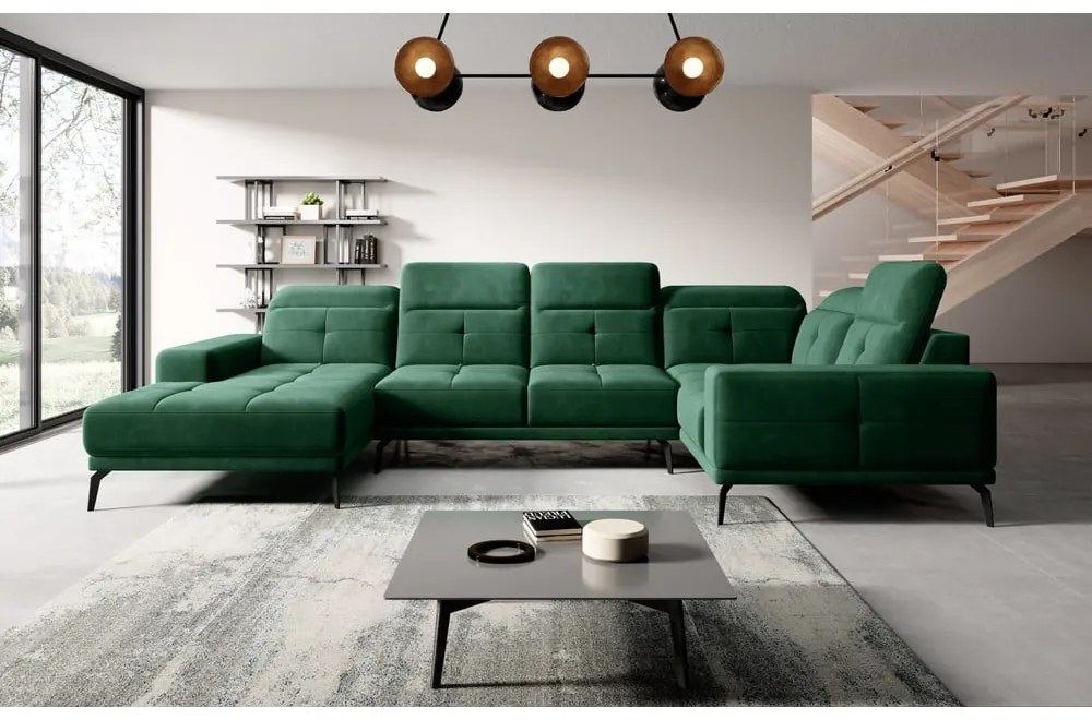 Зелен кадифен ъглов диван (десен ъгъл/U форма) Neviro – ELTAP
