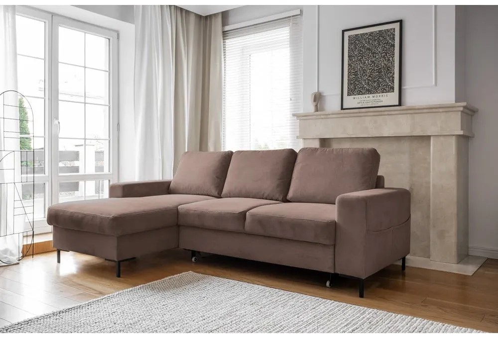 Кафяв разтегателен ъглов диван от рипсено кадифе (ляв ъгъл) Lofty Lilly – Miuform