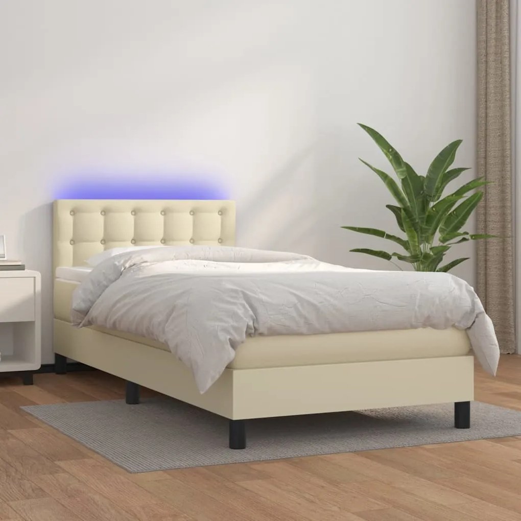 3134203 vidaXL Боксспринг легло с матрак LED кремаво 90x200 см изкуствена кожа