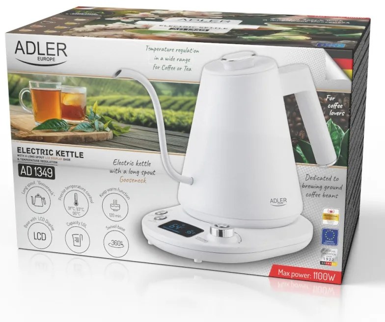 Електрическа кана Adler AD 1349W, 1100W, 1 л, 40-100 C, Поддържане на топлината, LED дисплей, Бял