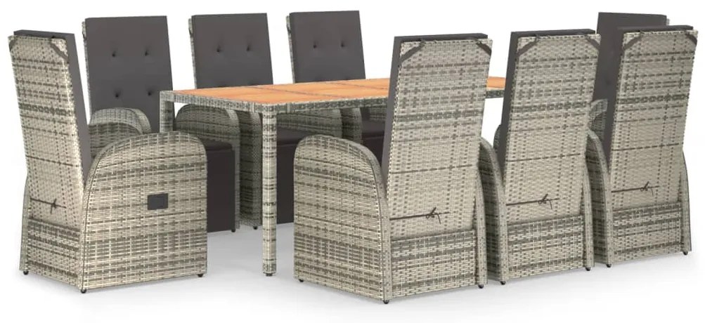 3157596 vidaXL Градински трапезен комплект 9 части с възглавници сив полиратан