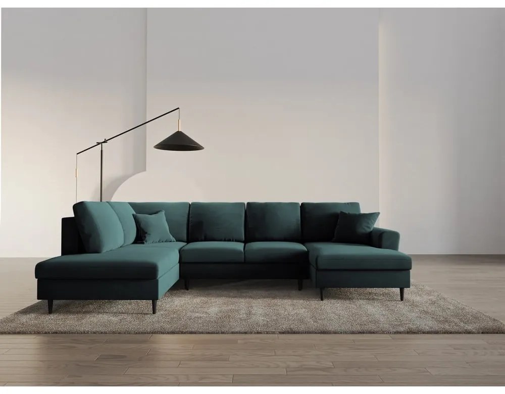 Кадифен разтегателен ъглов диван с място за съхранение в петролен цвят (ляв ъгъл/U форма) Kyoto – Cosmopolitan Design