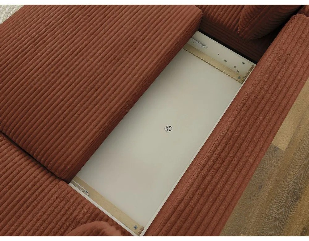 Сгъваем/с място за съхранение ъглов диван от рипсено кадифе в тухлен цвят (ляв ъгъл/U форма) Lucien – Bobochic Paris