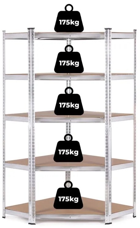 Стабилен ъглов метален стелаж за съхранение с 5 рафта 180x90x40 см
