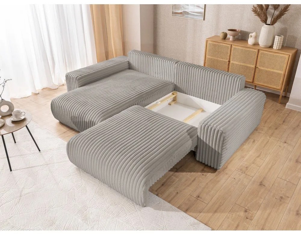 Светлосив разтегателен ъглов диван от рипсено кадифе с място за съхранение (ляв ъгъл) Sarina – Ropez