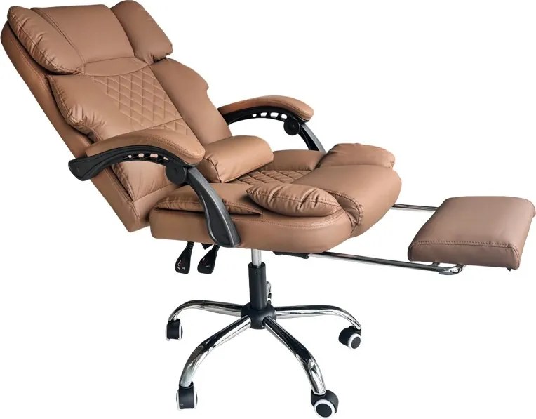 Удобен офис фотьойл с подложка за крака и масаж - кафява екокожа