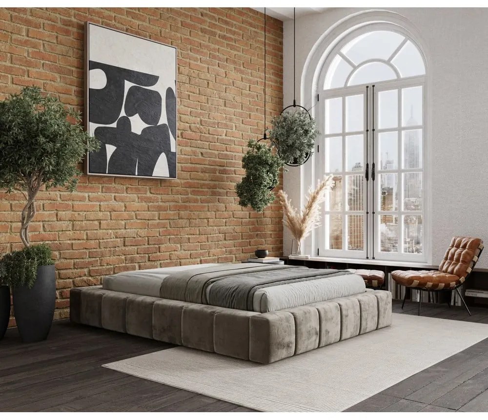Бежово тапицирано двойно легло с място за съхранение с включена подматрачна рамка 200x200 cm Aruba L – Maison de Rêve
