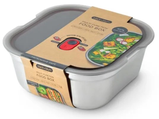 Кутия за храна Black+Blum FBSS-SQ-L017, 1.4 l, Квадратна, Подходяща за фурна, Без BPA, Неръждаема стомана, Сив