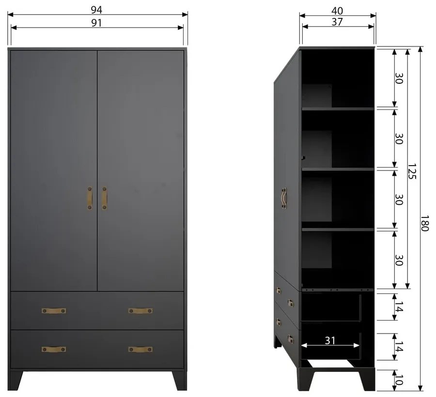 Гардероб от черен бор 94x180 cm Dian - WOOOD