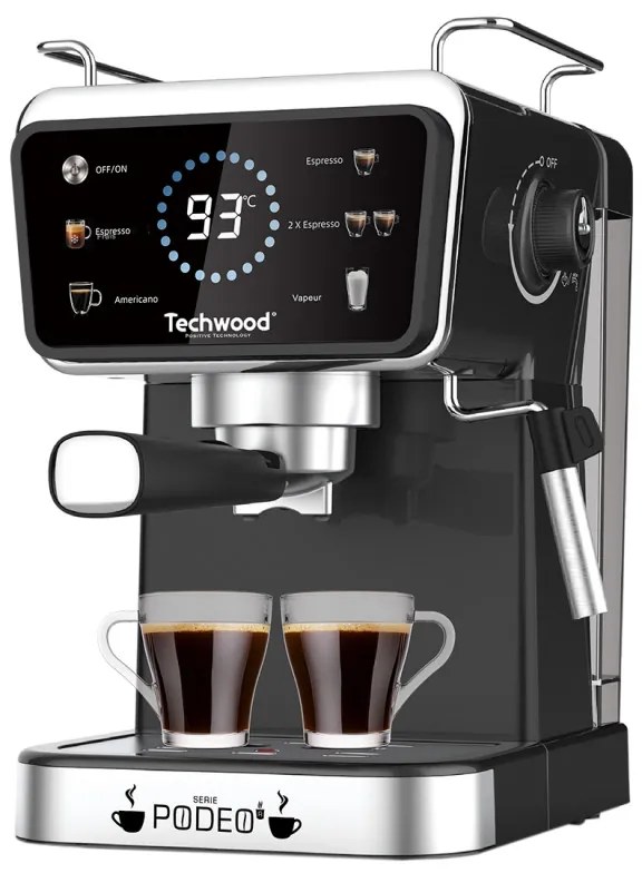 Разопакован: Еспресо машина Techwood TCA-1386EXN, 1350W, 20 bar, 1.5 л, 5 функции, Touch screen, Дюза за пара, Черен/Инокс