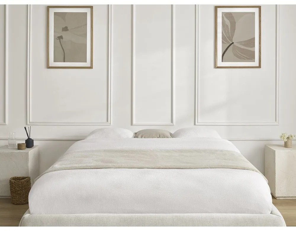 Бежово тапицирано двойно легло без табла с място за съхранение и включена подматрачна рамка 180x200 cm Inera – Bobochic Paris