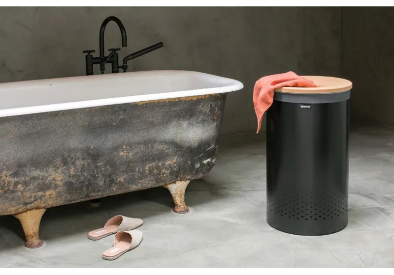 Кош за пране Brabantia 1000826, 60 л, Корков капак, Пълнене без отваряне, Вентилационни отвори, Черен