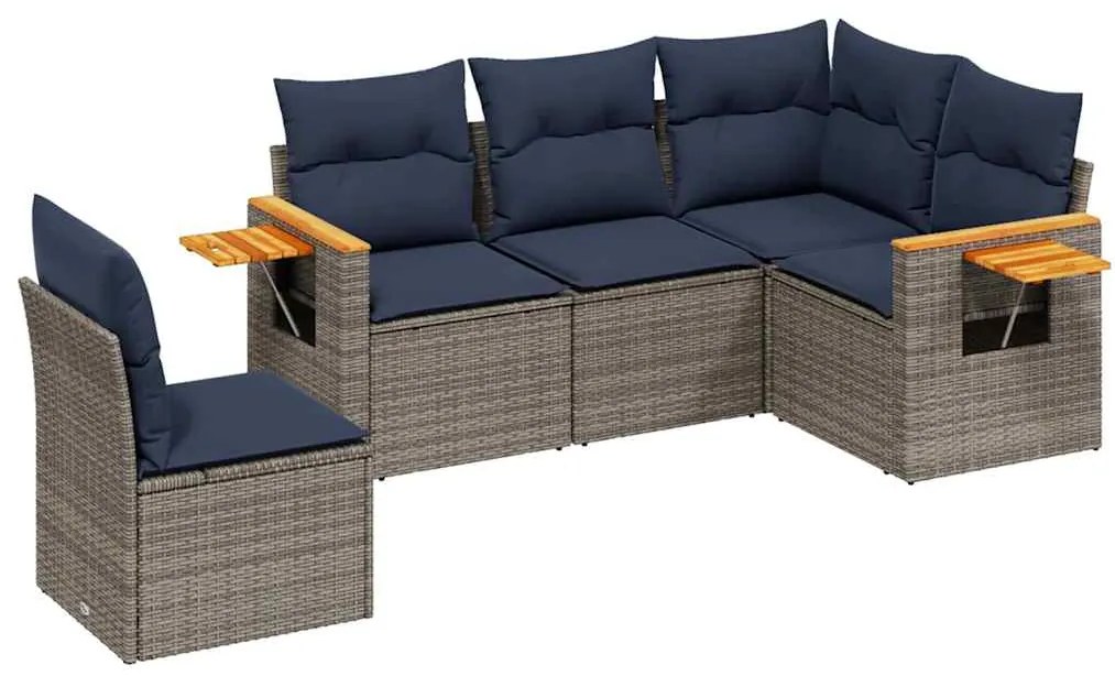 3226817 vidaXL Градински диван с възглавници, 5 части, полиратан, сив