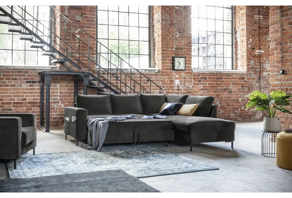 Тъмносив кадифен разтегателен ъглов диван (десен ъгъл) Lofty Lilly – Miuform