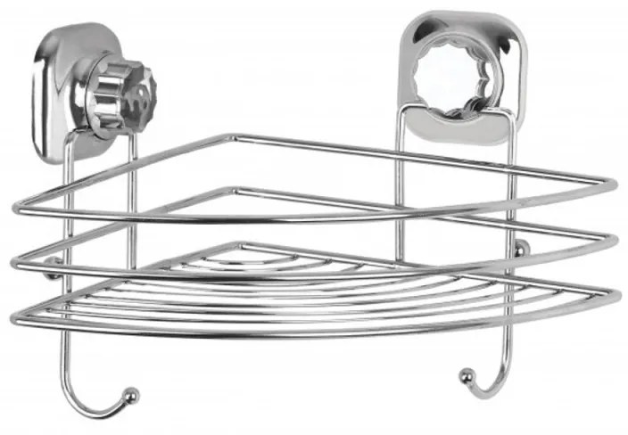 Ъглова етажерка за баня Metalife VKB-727, 1 ниво, 22х22x19 см, С две куки, Хром