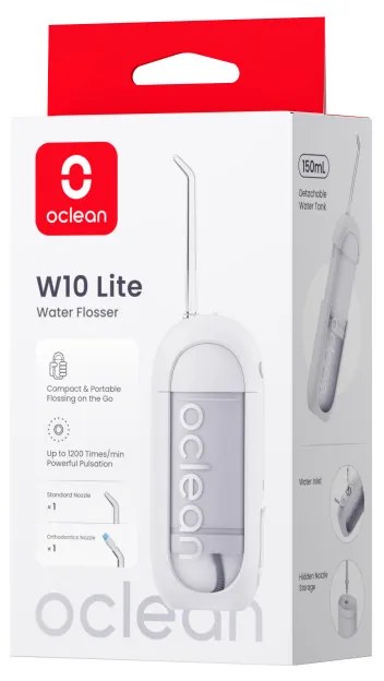 Зъбен душ Oclean W10 Lite, 3 режима, 2 накрайника, 1200 импулса в минута, До 140 PSI, USB-C, Бял