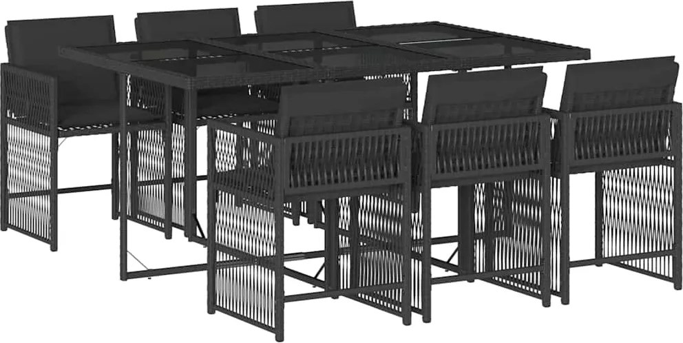 3211627 vidaXL Градински трапезен комплект 7 части възглавници черен полиратан