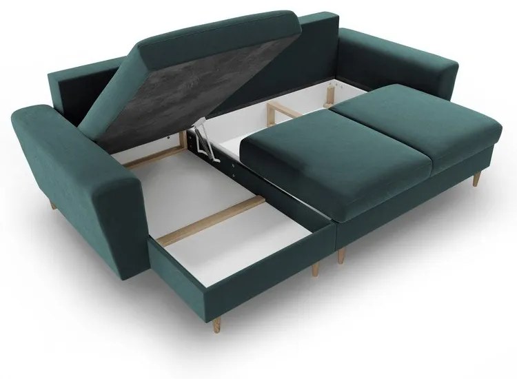 Кадифен разтегателен ъглов диван с място за съхранение в петролен цвят Kyoto – Cosmopolitan Design