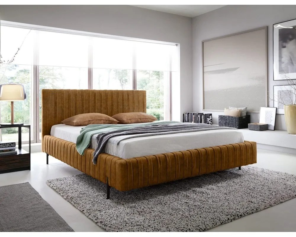 Двойно легло 140x200 cm тапицирано с място за съхранение с включена подматрачна рамка в цвят жълта охра Plissa – ELTAP