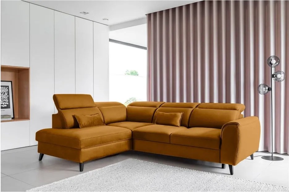 Жълт кадифен разтегателен ъглов диван с място за съхранение (ляв ъгъл L форма) Noble – ELTAP