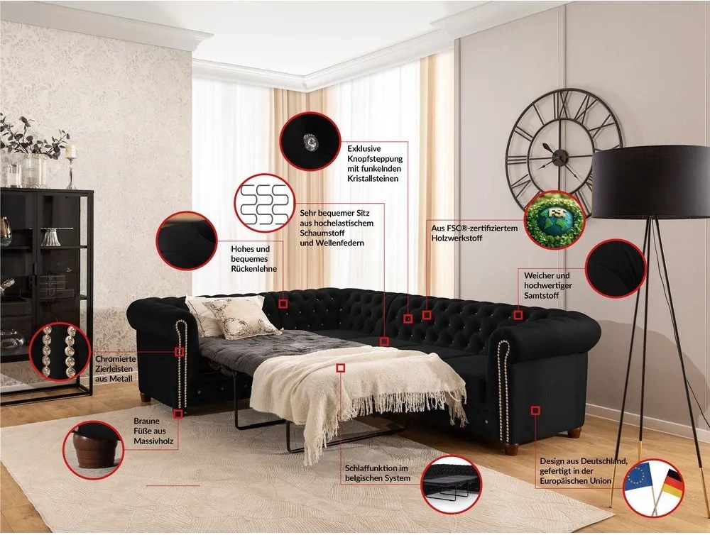 Черен кадифен разтегателен ъглов диван (ляв ъгъл L форма) York Blik – Ropez