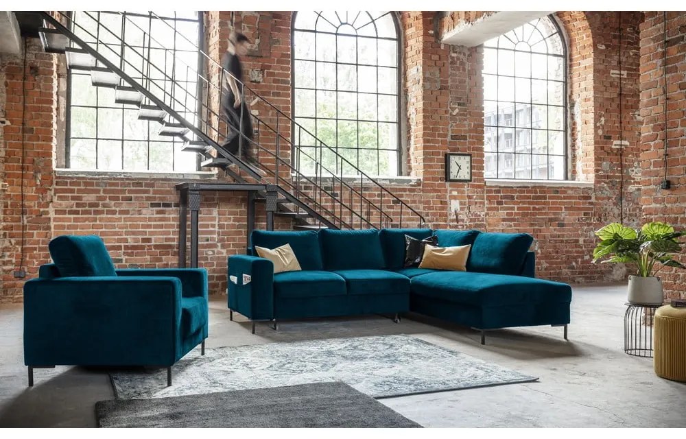Тюркоаз кадифен разтегателен ъглов диван (десен ъгъл) Lofty Lilly – Miuform