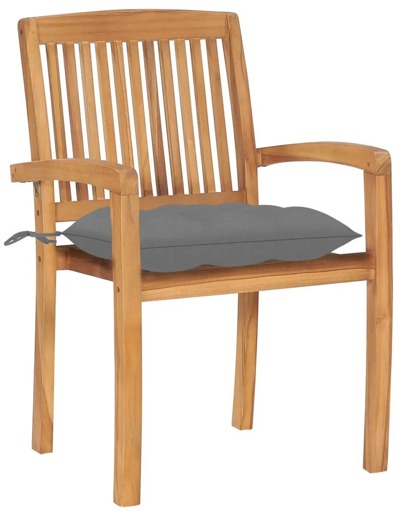 3063268 vidaXL Градински столове, 2 бр, сиви възглавници, тиково дърво масив