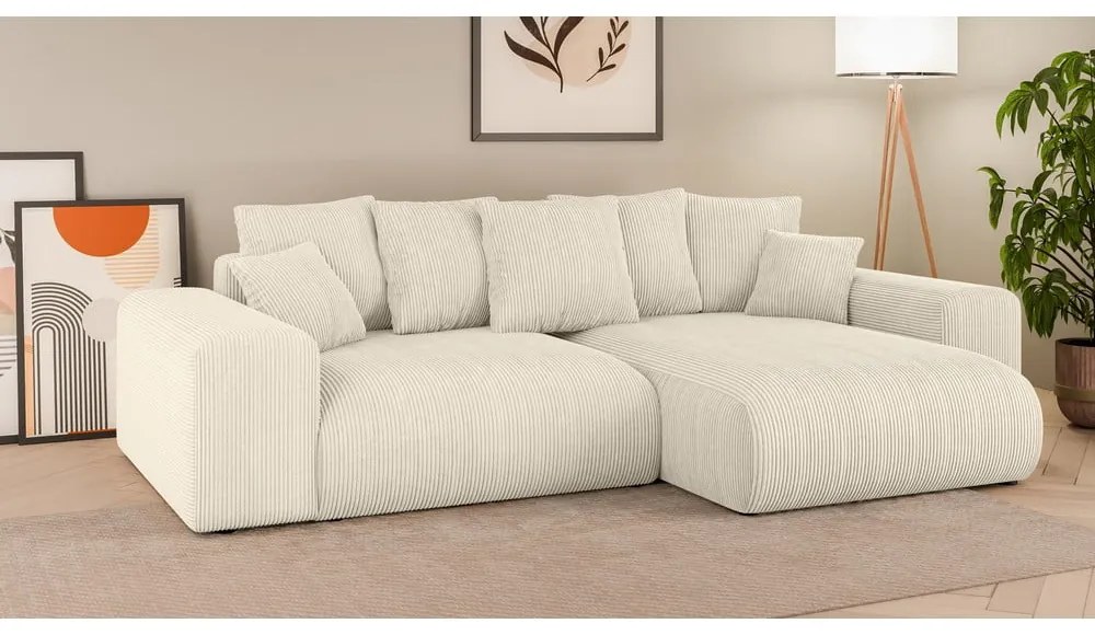 Кремав разтегателен ъглов диван с място за съхранение от рипсено кадифе (променлив) Luma – Ropez