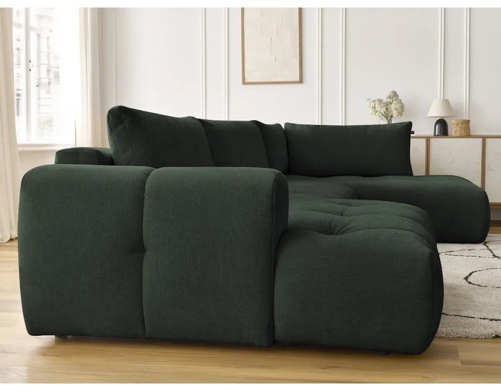Зелен сгъваем/с място за съхранение ъглов диван (десен ъгъл/U форма) Fuji – Bobochic Paris