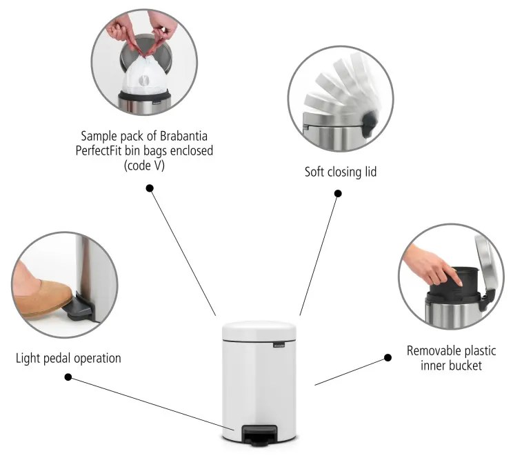 Кош за боклук с педал Brabantia NewIcon 648991, 3 л, Плавно затваряне, Противоплъзгаща основа, Бял