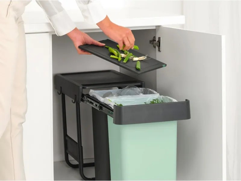 Кош за разделно събиране на боклук Brabantia Sort&Go 1008862, 2x15 л, Вътрешен монтаж с телескопична рамка, Сив/зелен