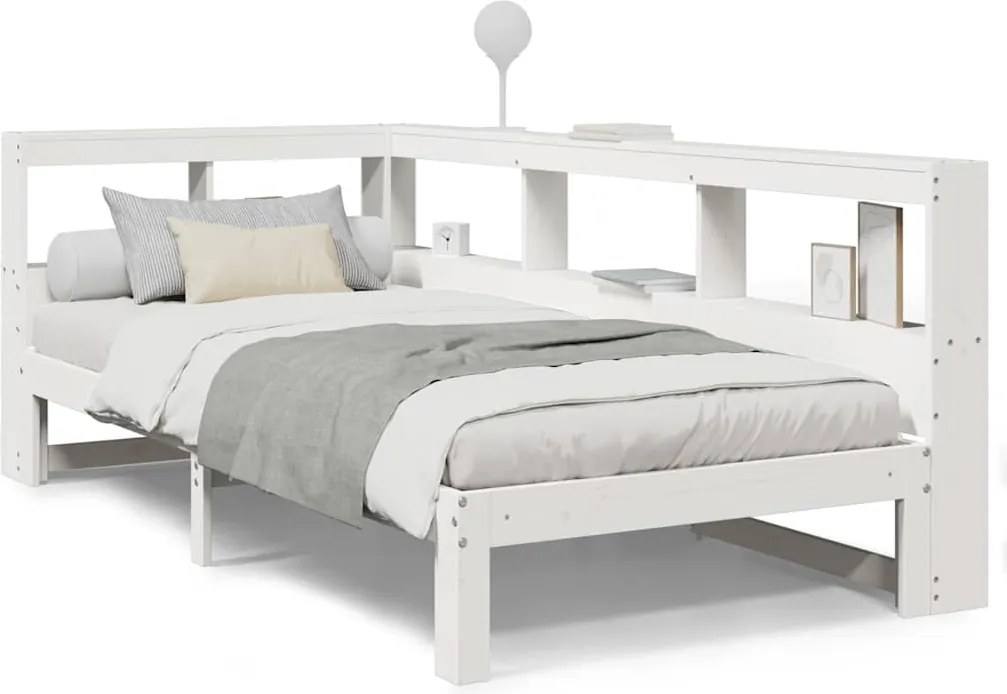 3324407 vidaXL Легло с рафтове за книги, без матрак, бял, 75x190 см, бор масив