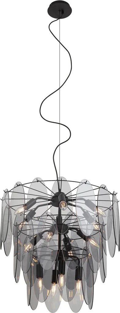 Art Deco hanglamp zwart met smoke glas ovaal 14-lichts - Mochan