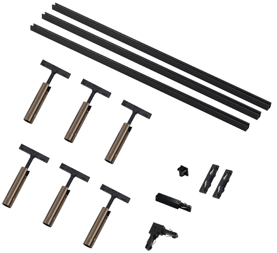 Модерна релсова система за осветление с 6 тъмно бронзови прожектора 1-фазов - Slimline Uzzy