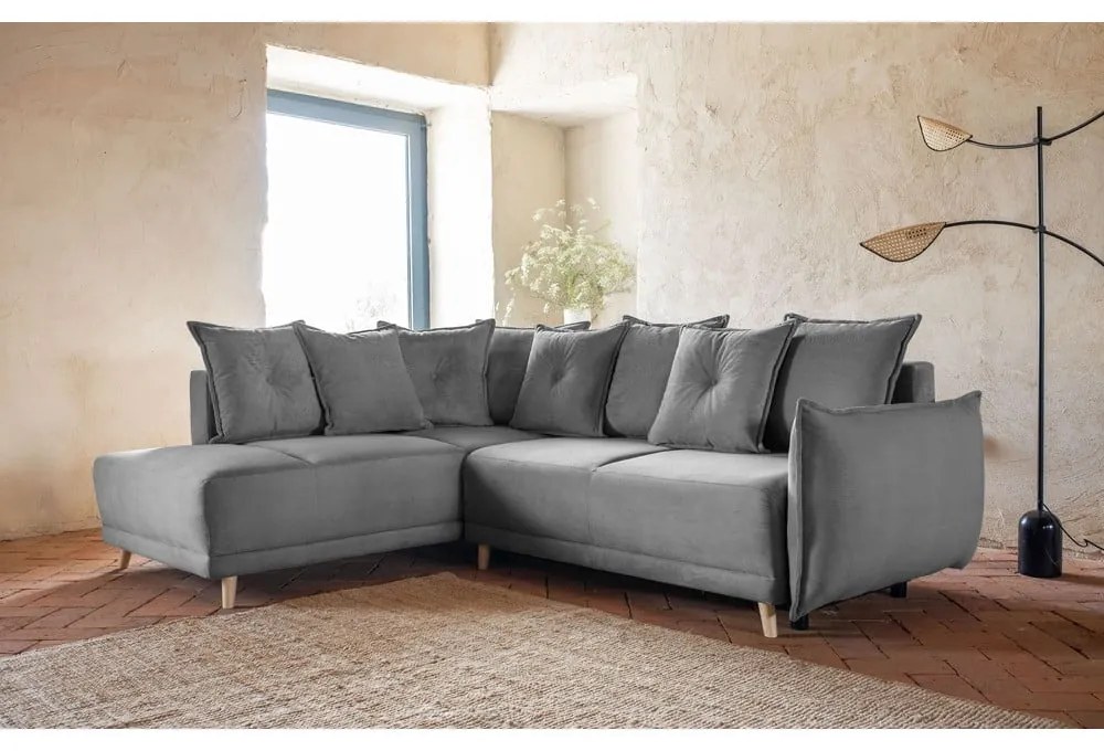 Сив велурен разтегателен диван (ляв ъгъл) Lazy Lukka - Miuform