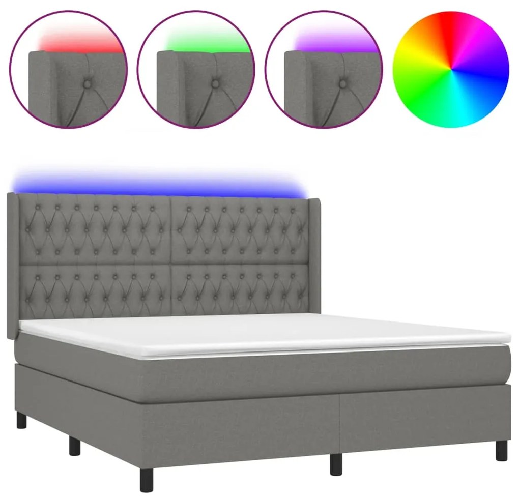 3138574 vidaXL Боксспринг легло с матрак и LED, тъмносиво, 180x200 см, плат