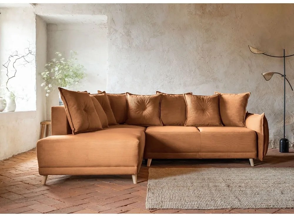 Разтегателен диван от велур в тухлен цвят (ляв ъгъл) Lazy Lukka - Miuform