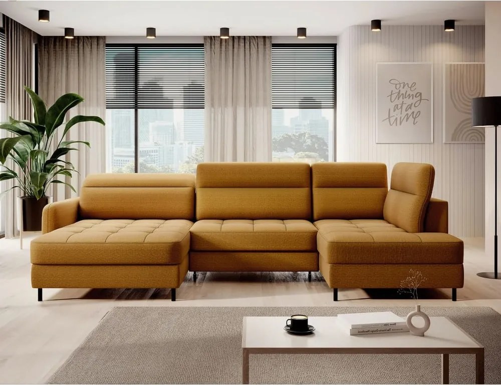 Жълт кадифен разтегателен ъглов диван с място за съхранение (десен ъгъл U форма) Berrto – ELTAP