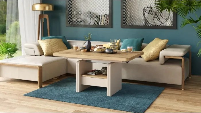 ЛЕКСУС Дъб Артизан/Бежов (Шампанско) - МОДЕРНА РАЗТЕГАТЕЛНА ХОЛНА МАСА С ПОВДИГАЩ МЕХАНИЗЪМ