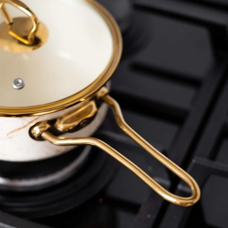 Касерола със стъклен капак Goldmann GM 4521-16B, 16x8 см, 1.5л, Емайл, Индукция, Бял/Старо Злато