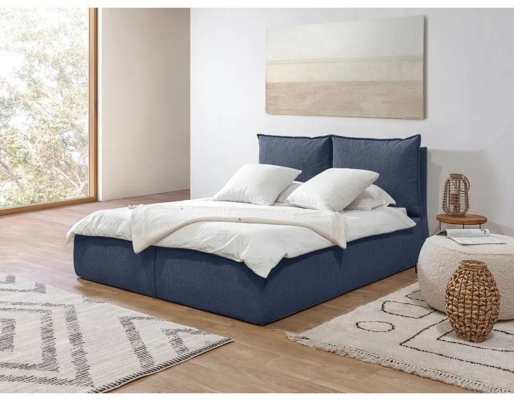 Тъмносиньо двойно тапицирано легло с място за съхранение с включена подматрачна рамка 180x200 cm Garance – Bobochic Paris