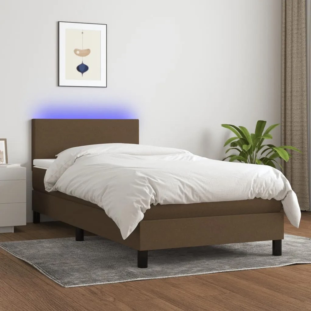 3132976 vidaXL Боксспринг легло с матрак и LED, тъмнокафяво, 100x200 см, плат