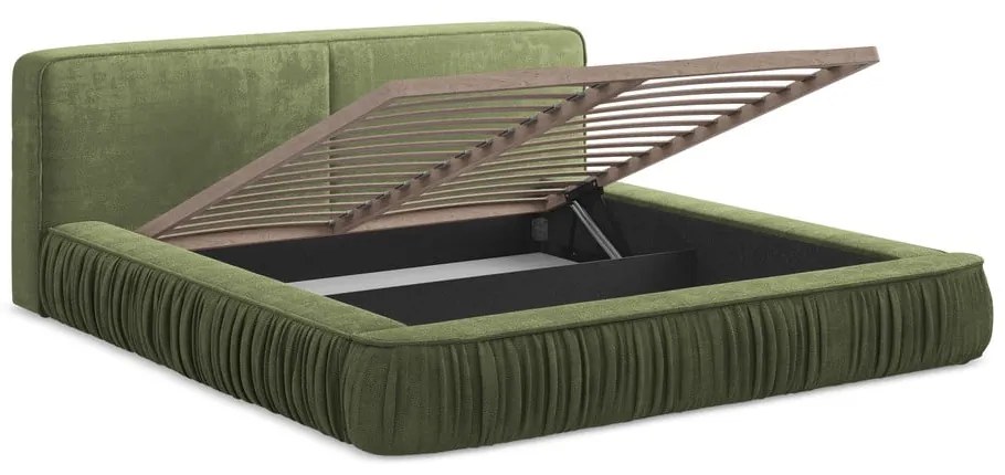 Зелено тапицирано двойно легло с място за съхранение и решетка 140x200 cm Keoni - Makamii