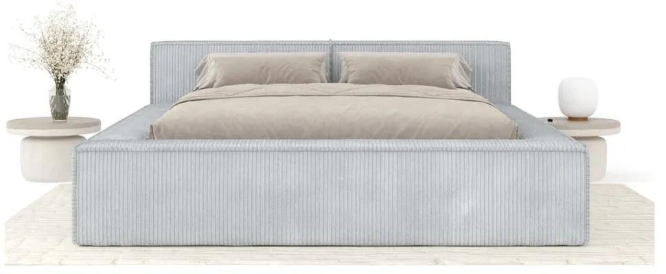Светлосиво двойно легло 200x200 cm тапицирано с място за съхранение с включена подматрачна рамка Voliera – Maison de Rêve