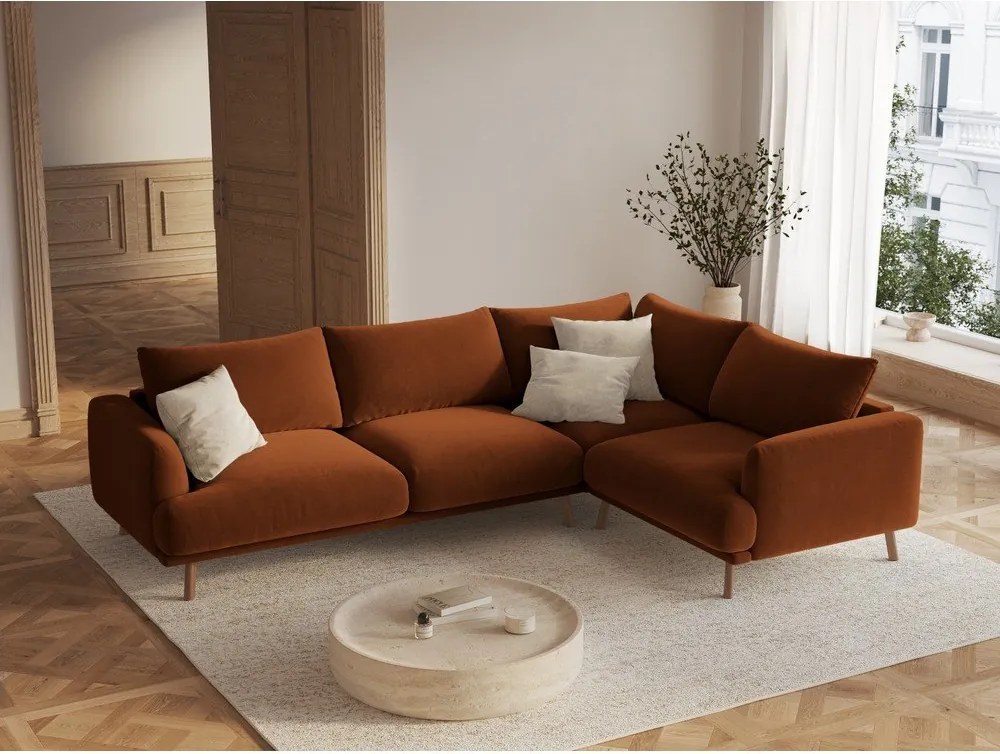 Теракотен кадифен ъглов диван (десен ъгъл/L форма) Naomi – Micadoni