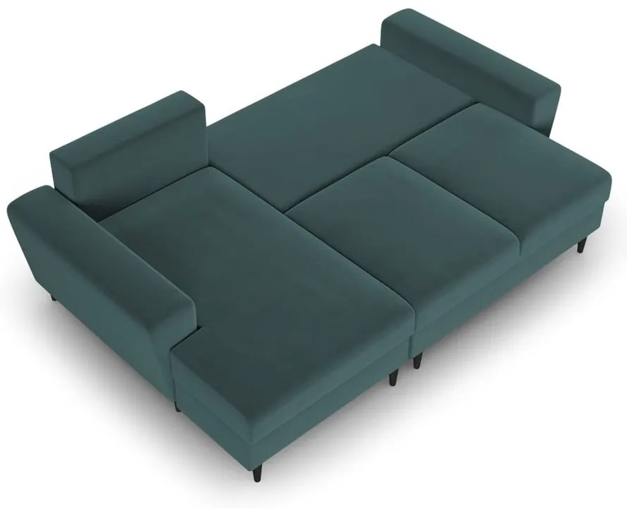 Кадифен разтегателен ъглов диван с място за съхранение в петролен цвят (ляв ъгъл) Kyoto – Cosmopolitan Design