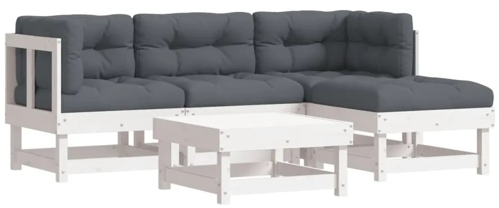 3185788 vidaXL Градински комплект с възглавници, 5 части, бял, дърво масив