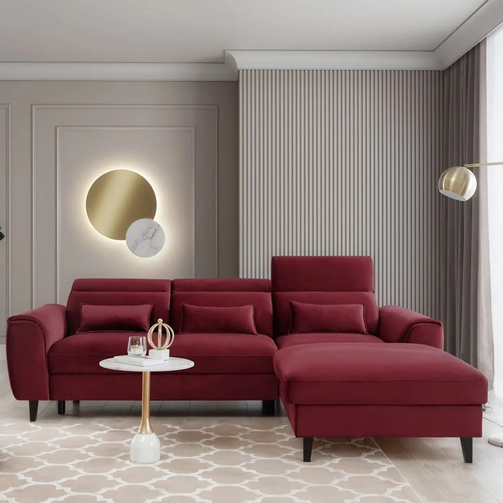 Червен кадифен разтегателен ъглов диван с място за съхранение (десен ъгъл) Foble – ELTAP