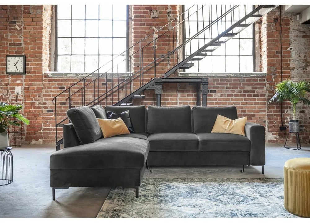 Тъмносив кадифен разтегателен ъглов диван (ляв ъгъл) Lofty Lilly – Miuform